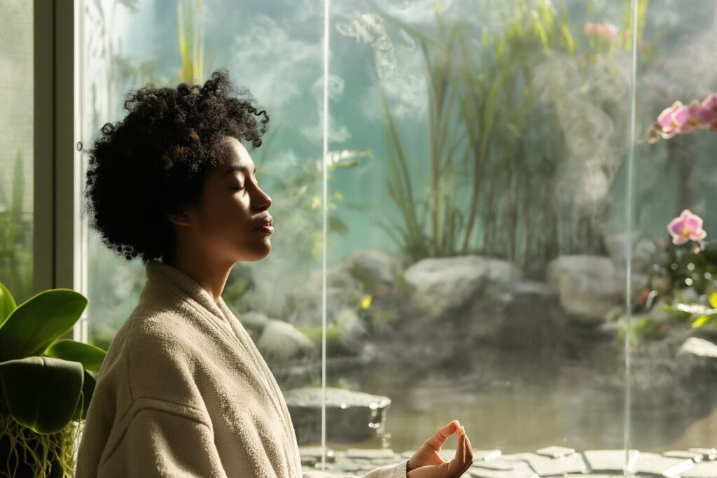 nonbinary individual sits peacefully meditating tranquil hotel spa sunlight filters throug 88813 6115 nonbinary individual sits peacefully meditating tranquil hotel spa sunlight filters throug 88813 6115