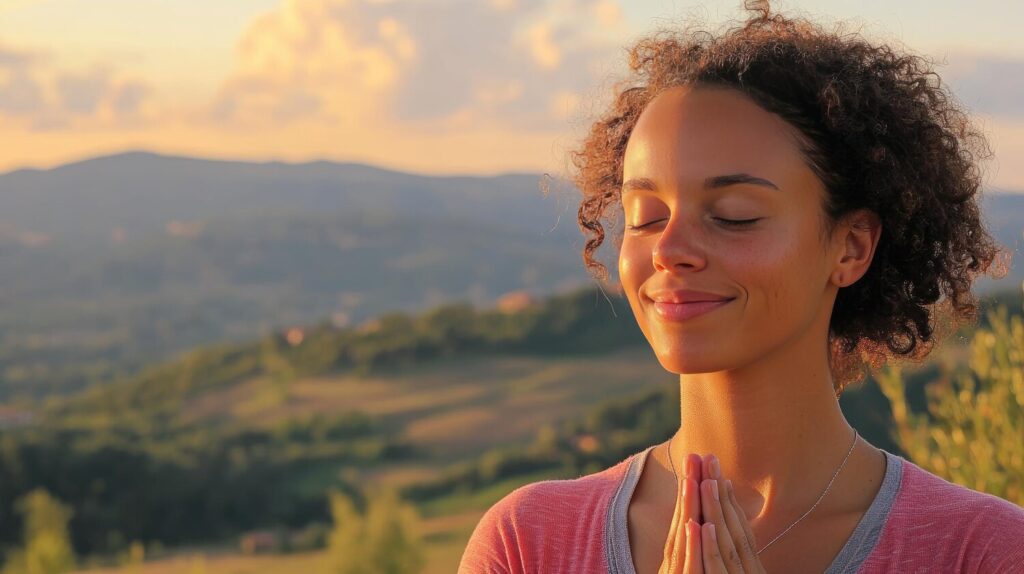serene woman meditating outdoors sunset with scenic mountain view 94064 58055 serene woman meditating outdoors sunset with scenic mountain view 94064 58055