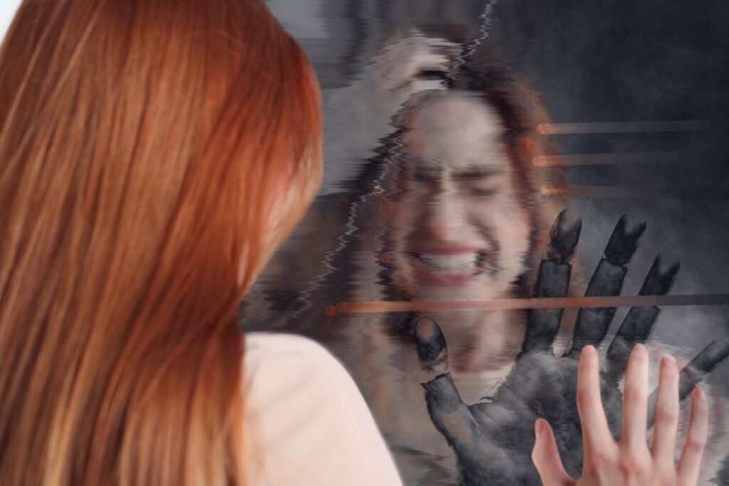 emotional young woman suffering from hallucinations hand touching broken mirror backside glitch effect 495423 64560 emotional young woman suffering from hallucinations hand touching broken mirror backside glitch effect 495423 64560